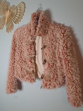 Anthropologie XS Faux Fur Teddy Toggle Coat Jacket, Blush Pink, PTP 17.5